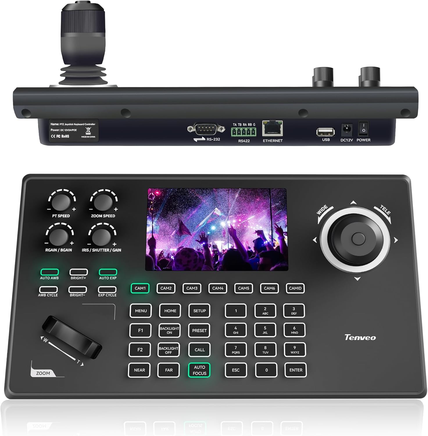 Tenveo NDI PTZ camera controller front view showing the five inch LCD screen preview panel and four D joystick controls.