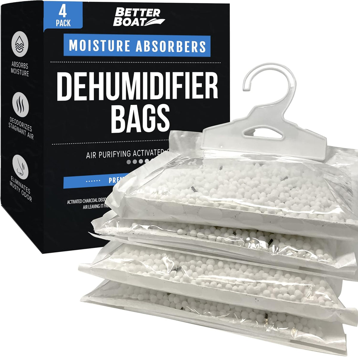 Better Boat Moisture Absorber Hanging Bags 4 Pack front view for closet dehumidification