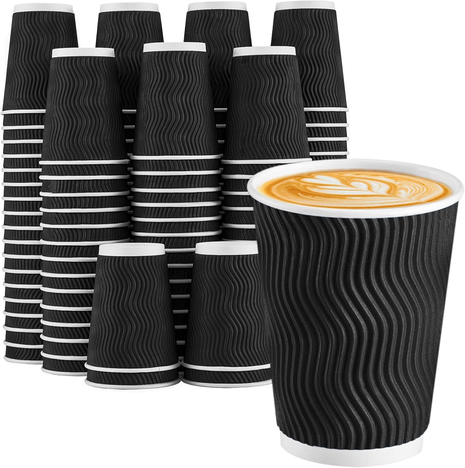 Lamosi Disposable Coffee Cups front view showing black ripple wall texture.