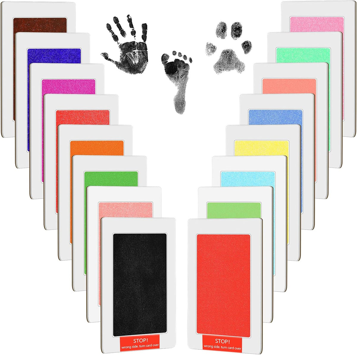 Teling 48 piece inkless baby footprint kit front view featuring colorful ink pads and imprint cards.