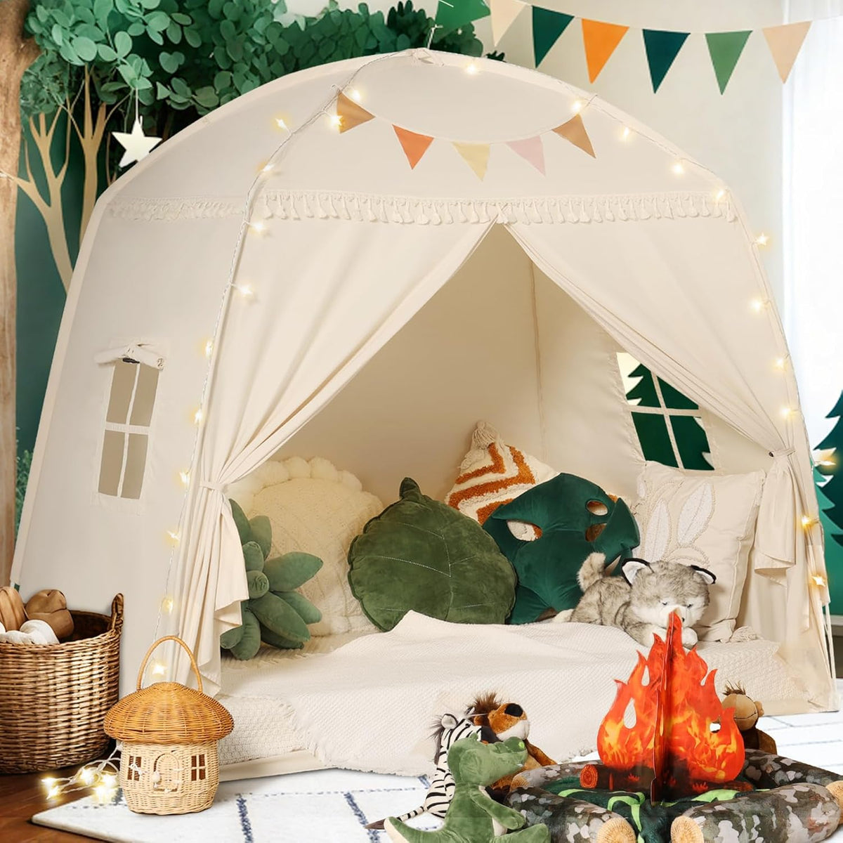 Sumbababy Large Teepee Tent for Kids front view in cream color with glowing star lights