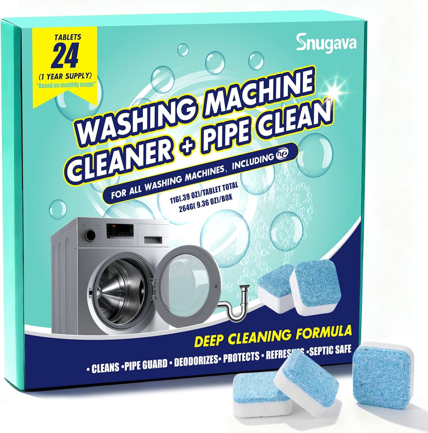 Snugava washing machine cleaner tablets twenty four pack front view packaging