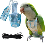 Generic snap closure parrot diaper flight suit front view with blue daisy pattern layout.