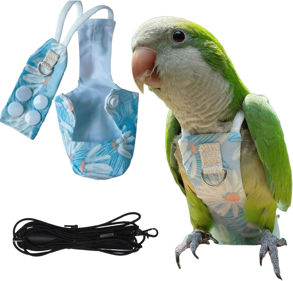 Generic snap closure parrot diaper flight suit front view with blue daisy pattern layout.