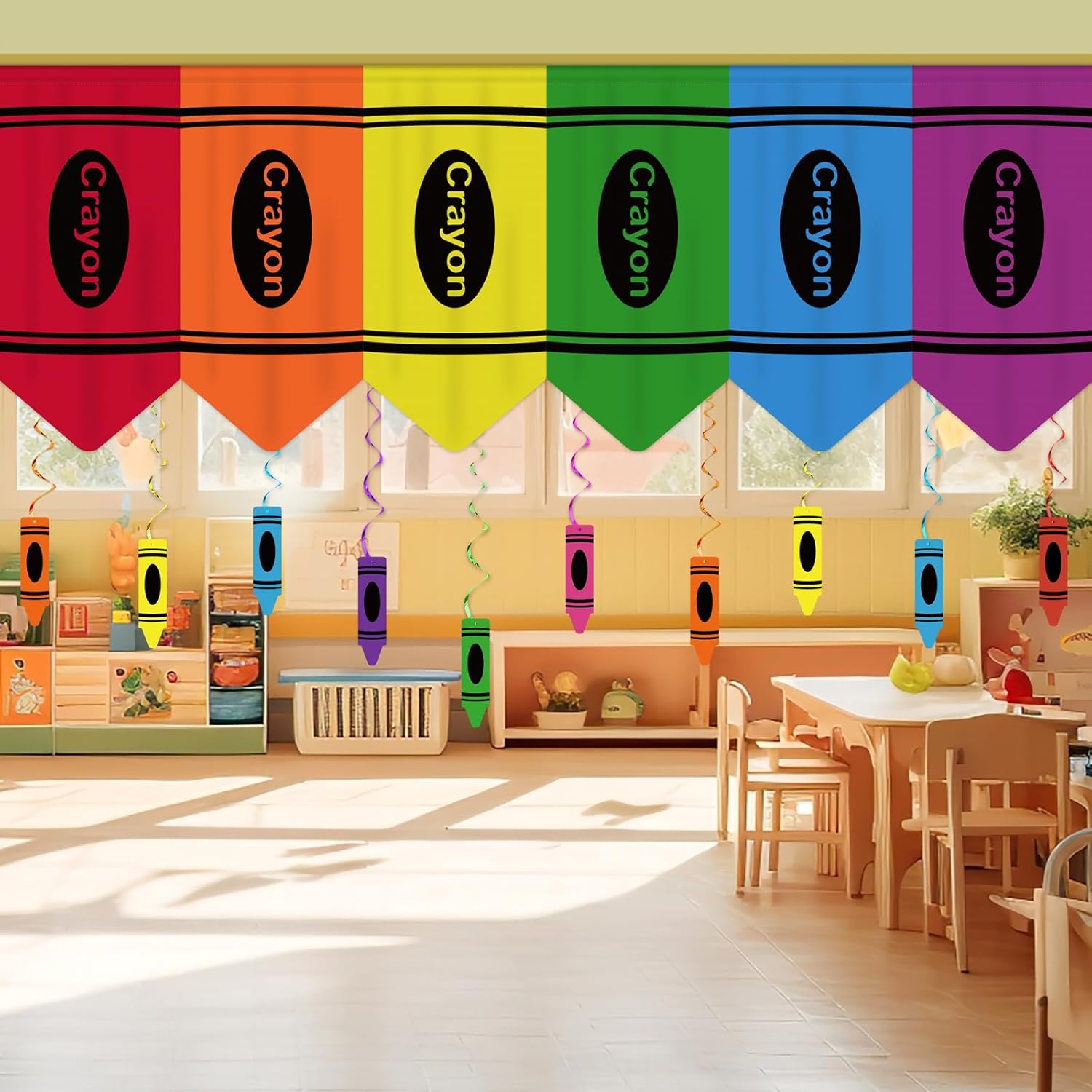 Renbuzhu rainbow crayon curtains front view colorful classroom window decorations