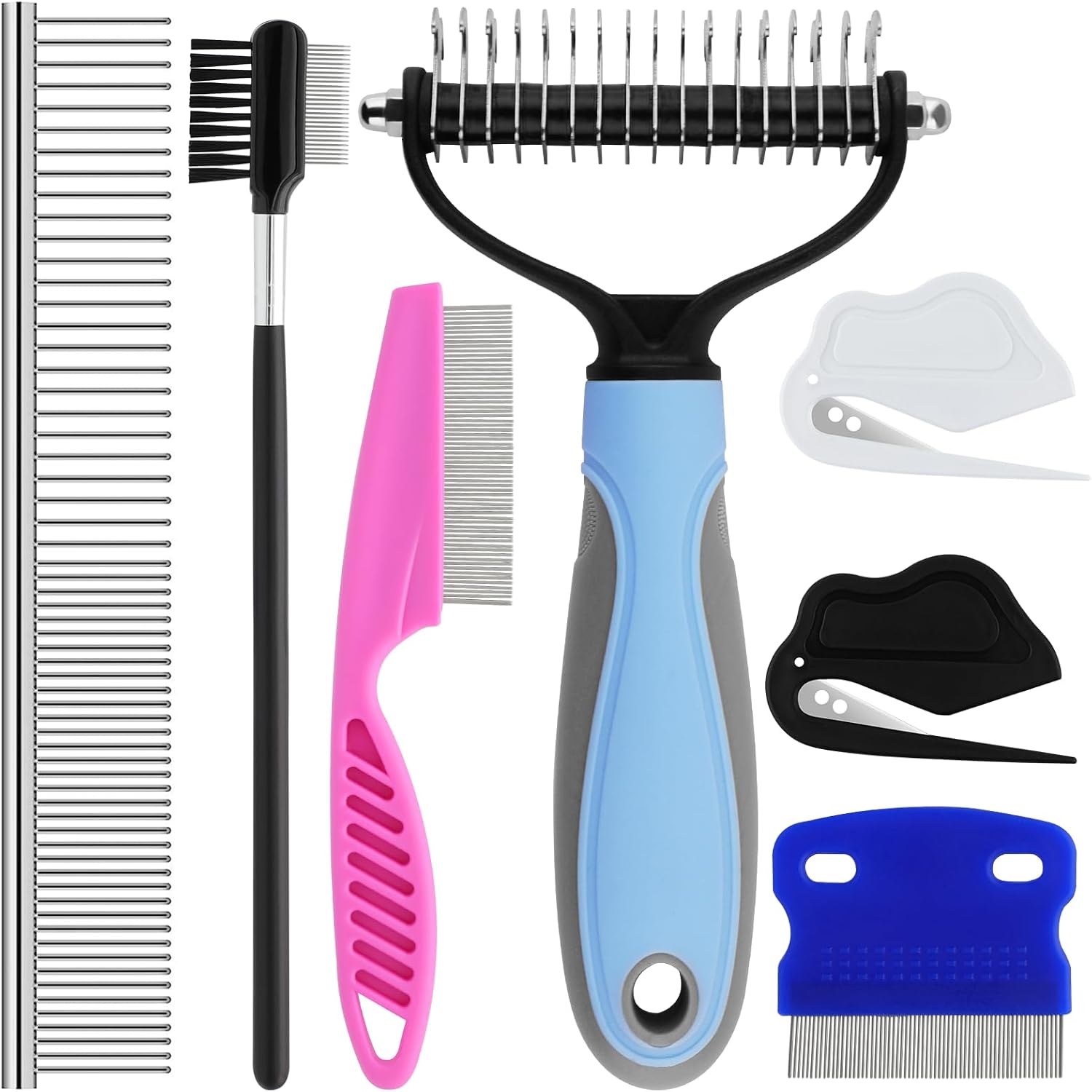 GUBCUB 7 Pack Pets Grooming Brush Comb Kit front view showcasing the blue and grey undercoat rake and matching steel combs.