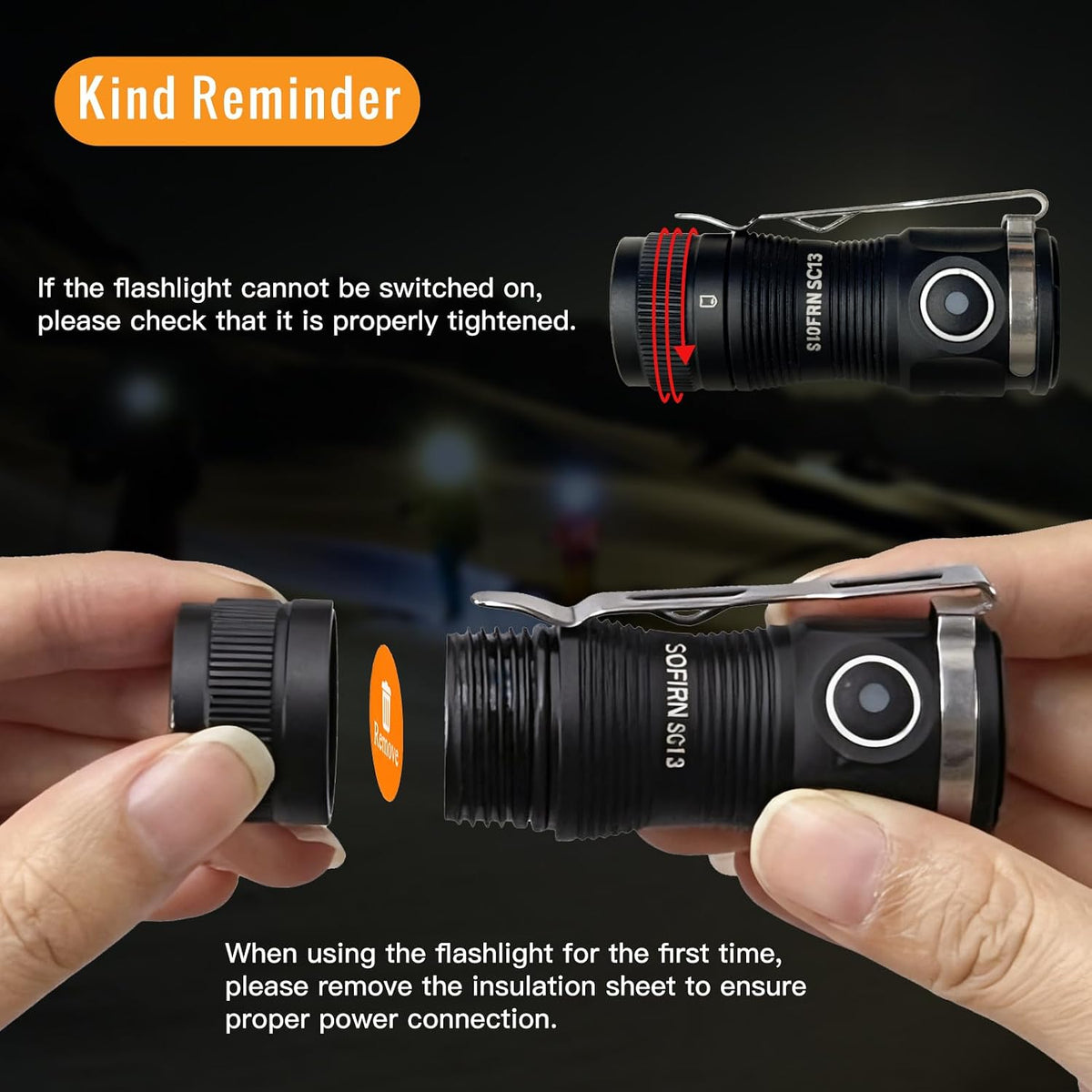 Sofirn SC13 keychain flashlight illuminated in dark setting