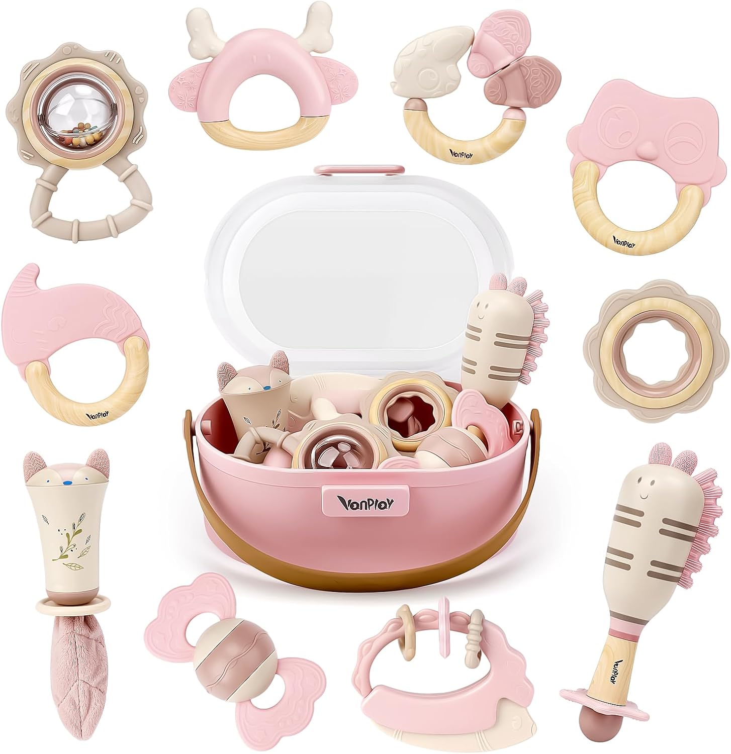Vanplay pink sensory baby rattles and teethers ten piece set front view showing assorted infant toys