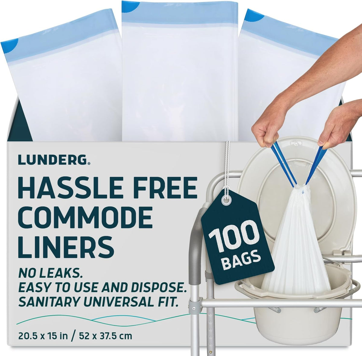 Lunderg Commode Liners 100 pack front view medical grade disposal bags