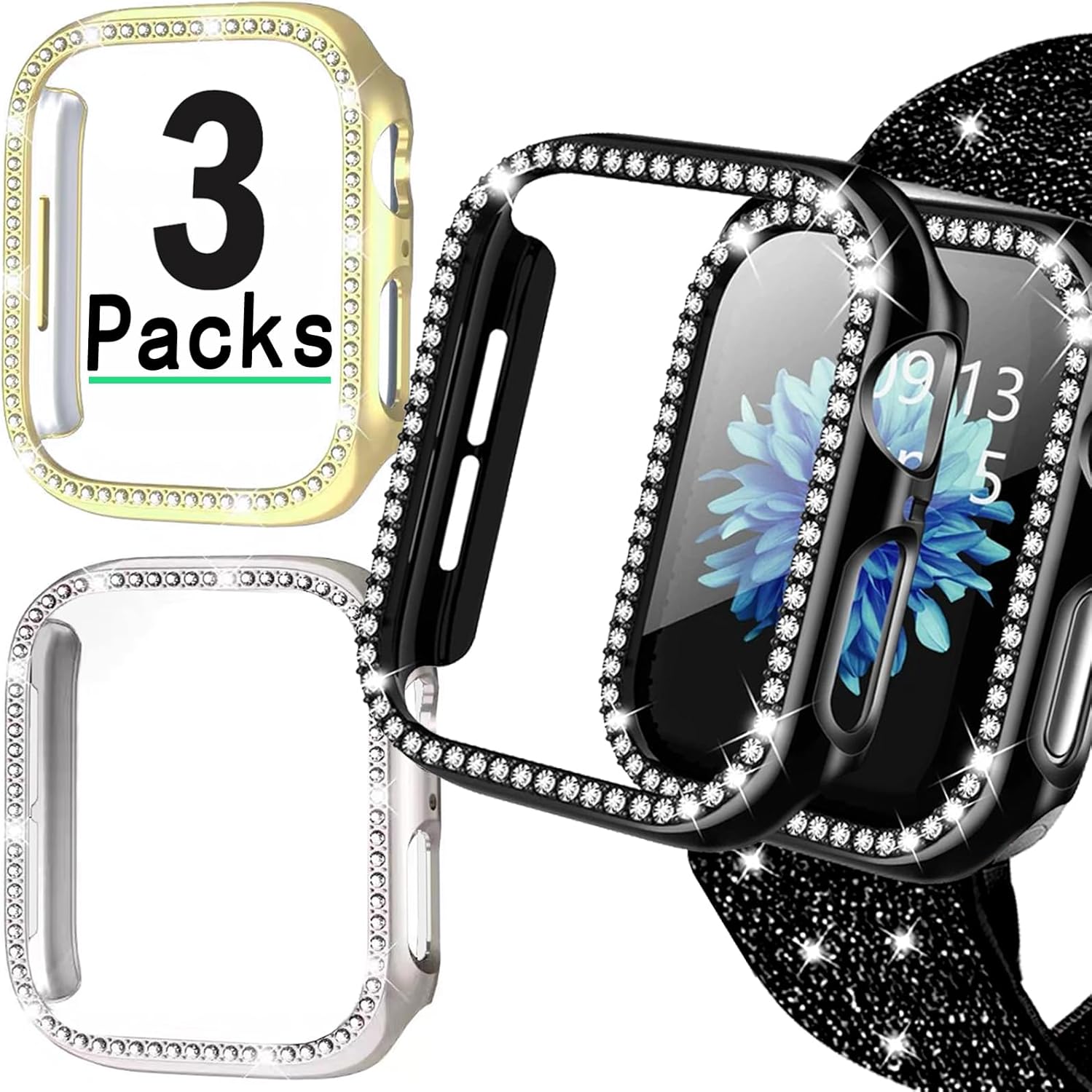 Lesampo women sparkly apple watch bumper case front view showing shiny black finish with dual row rhinestones