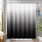 AmazerBath ombre fabric shower curtain set front view showcasing the modern black and white gradient design.