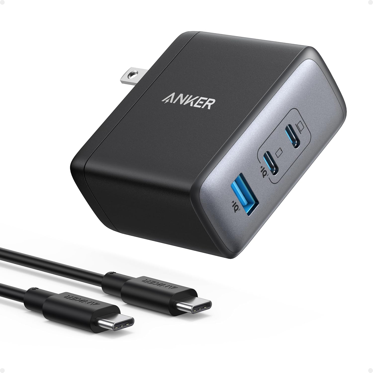 Anker Nano 100W USB-C Charger front view showing dual type-c and single type-a ports.