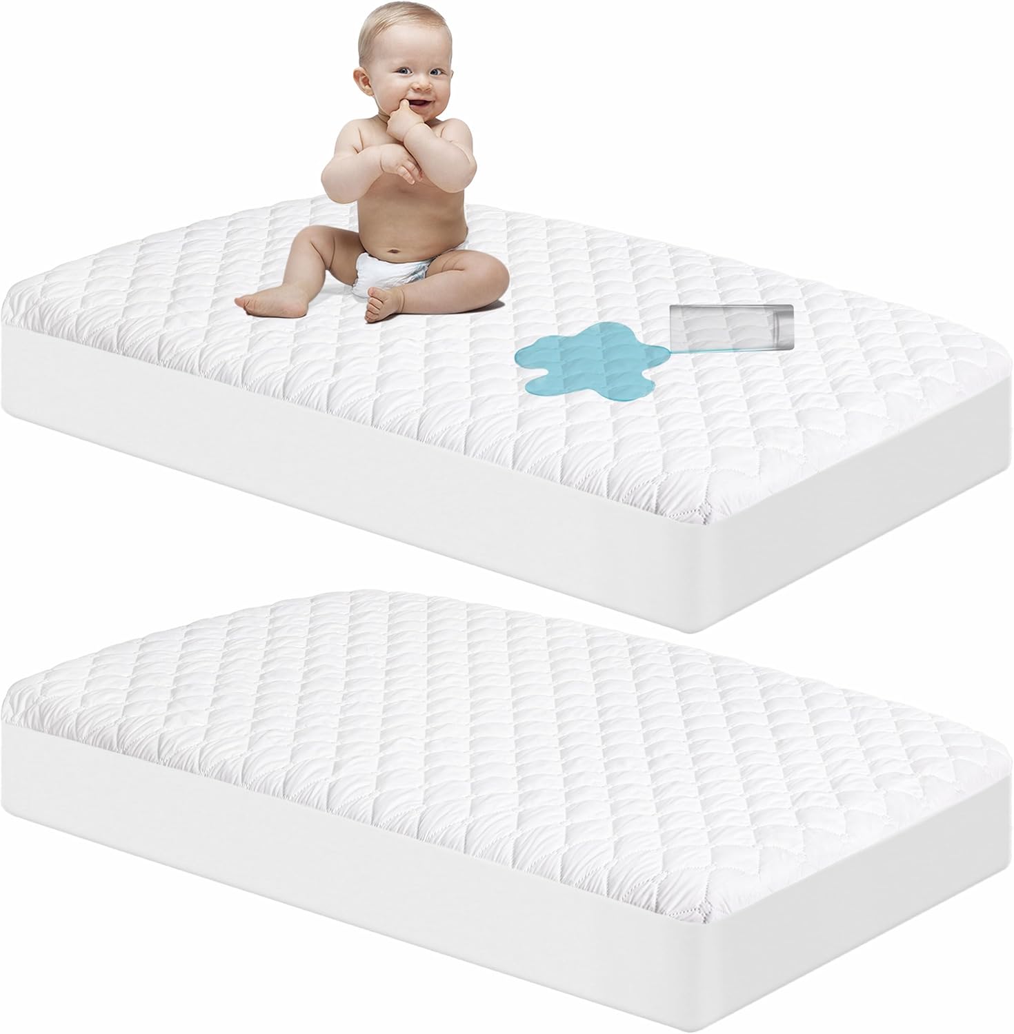NTBAY waterproof mini crib mattress protector front view showcasing white quilted texture.