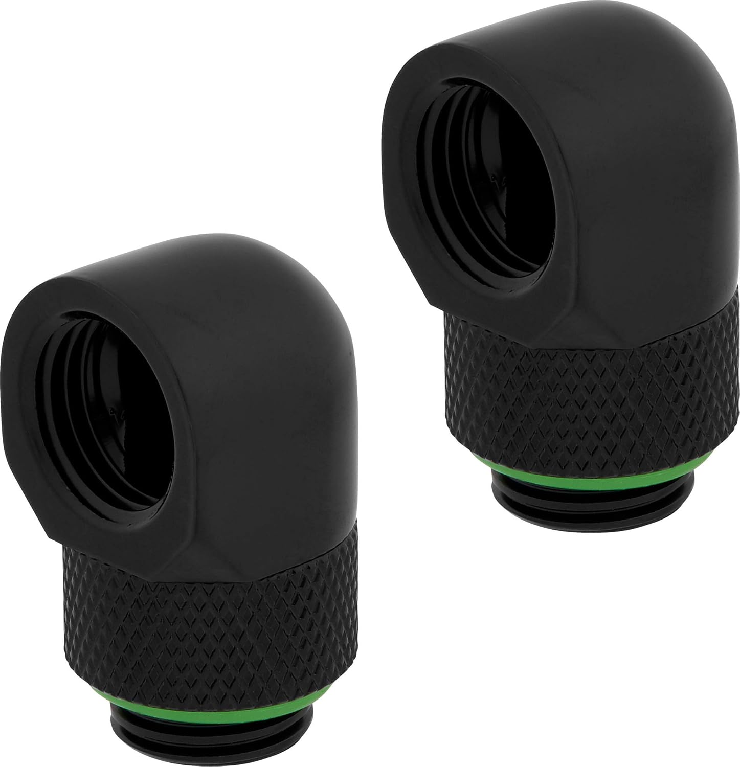 Corsair Hydro X Series 90 Degree Rotary Adapter Twin Pack front view showing premium black finish.