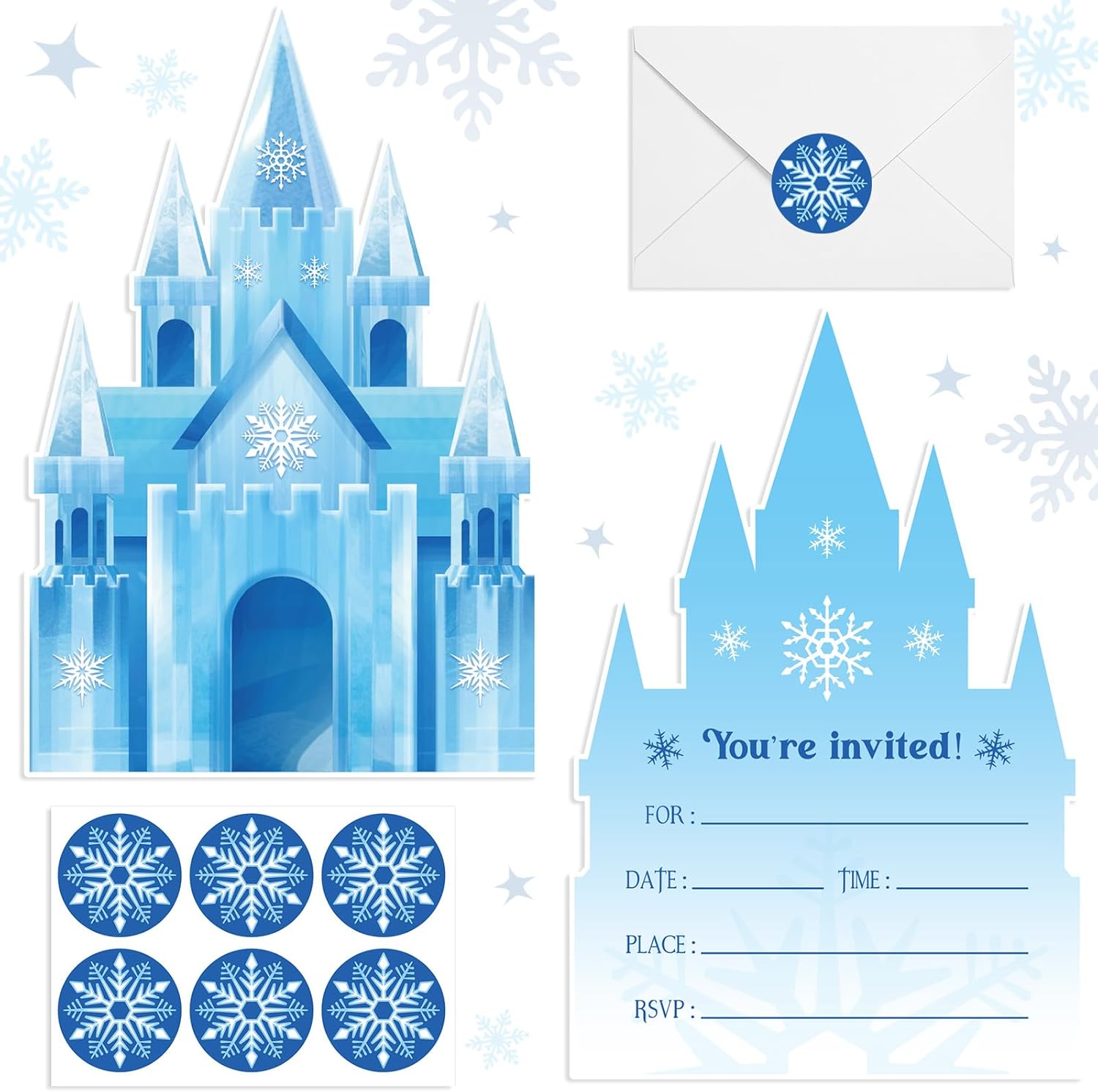Humyoun snowflake castles birthday invitations front view showcasing icy blue castle artwork.