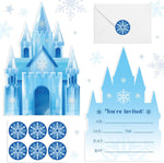 Humyoun snowflake castles birthday invitations front view showcasing icy blue castle artwork.