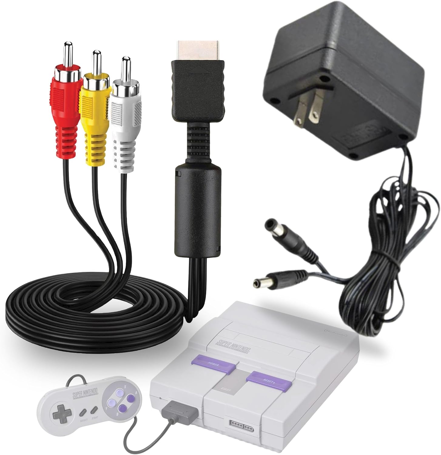 WirelessFinest SNES power supply and AV cable bundle front view
