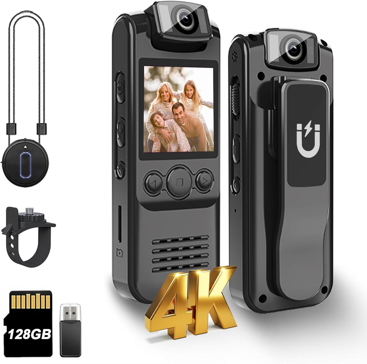 SixBondsCam 4K body camera front view showing the 180 degree rotatable lens and built-in LED fill lights.