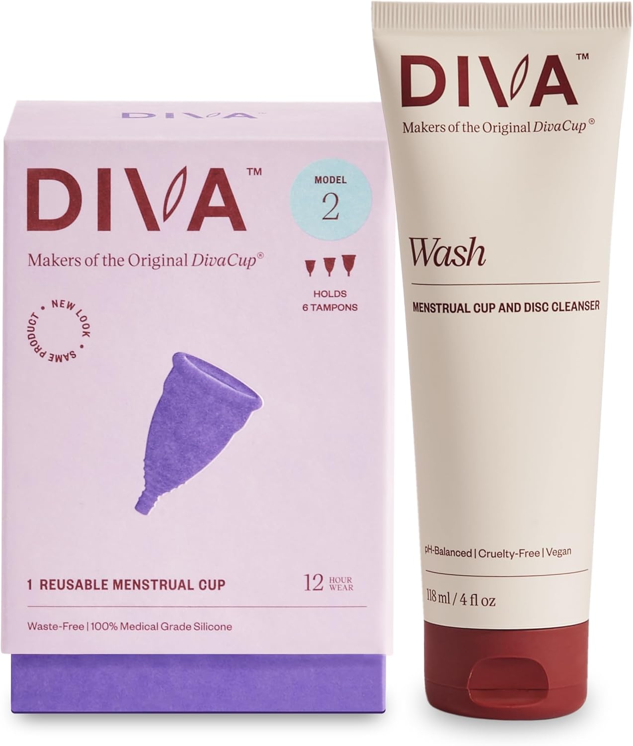 Diva Cup & Diva Wash Combo Pack - Medical Grade Silicone Cup for Period Care - Reusable Menstrual Cup - Cleaner for Period Cup - Cup Model 2 (for Wide Vaginal Canals, Post-Partum & Ages 35+) - Image 1