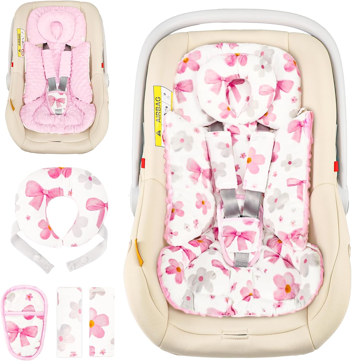 Hooyax infant car seat insert front view featuring pink bow flower pattern