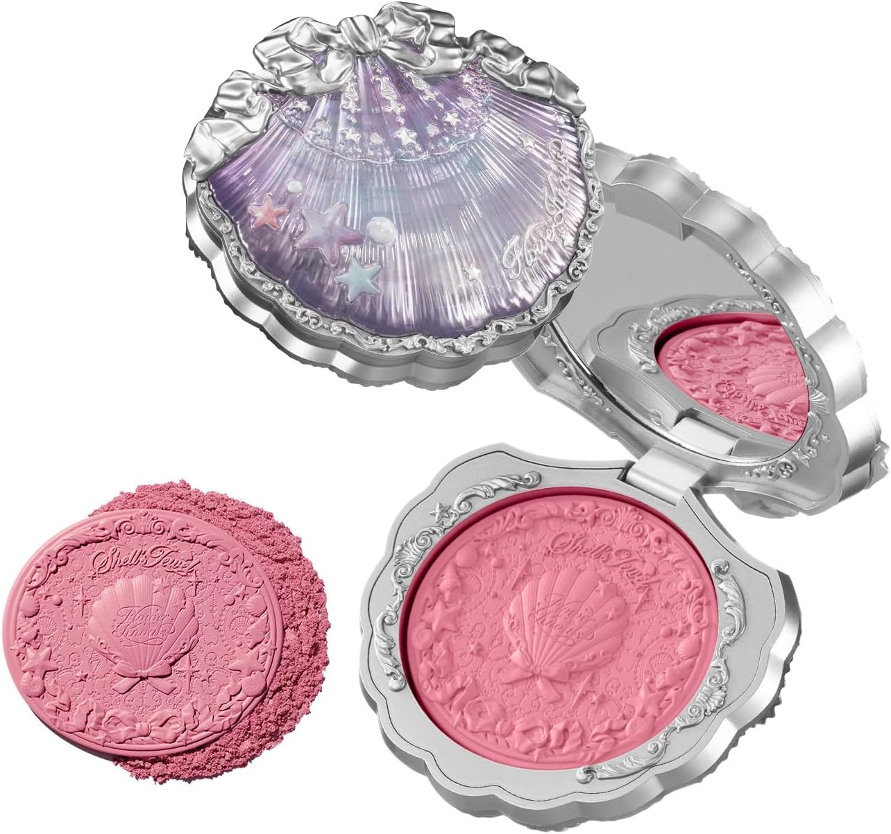 Flower Knows Shell's Jewel Silk Satin Blush front view of holographic seashell compact.