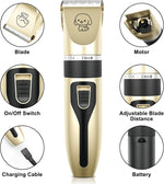 Close-up of the professional low noise electric dog clippers showing the adjustable precision blade settings ring.
