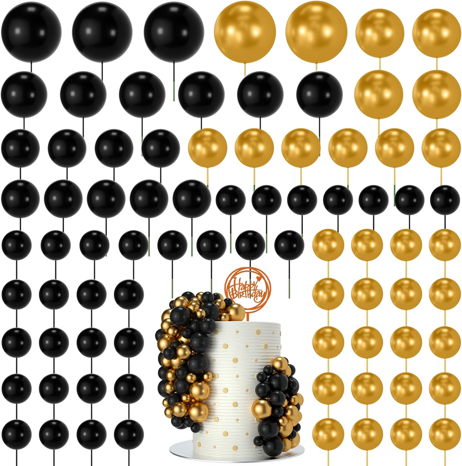 NACHLYNN eighty pieces cake balls decorations front view showing black and gold balloon toppers on a birthday cake.