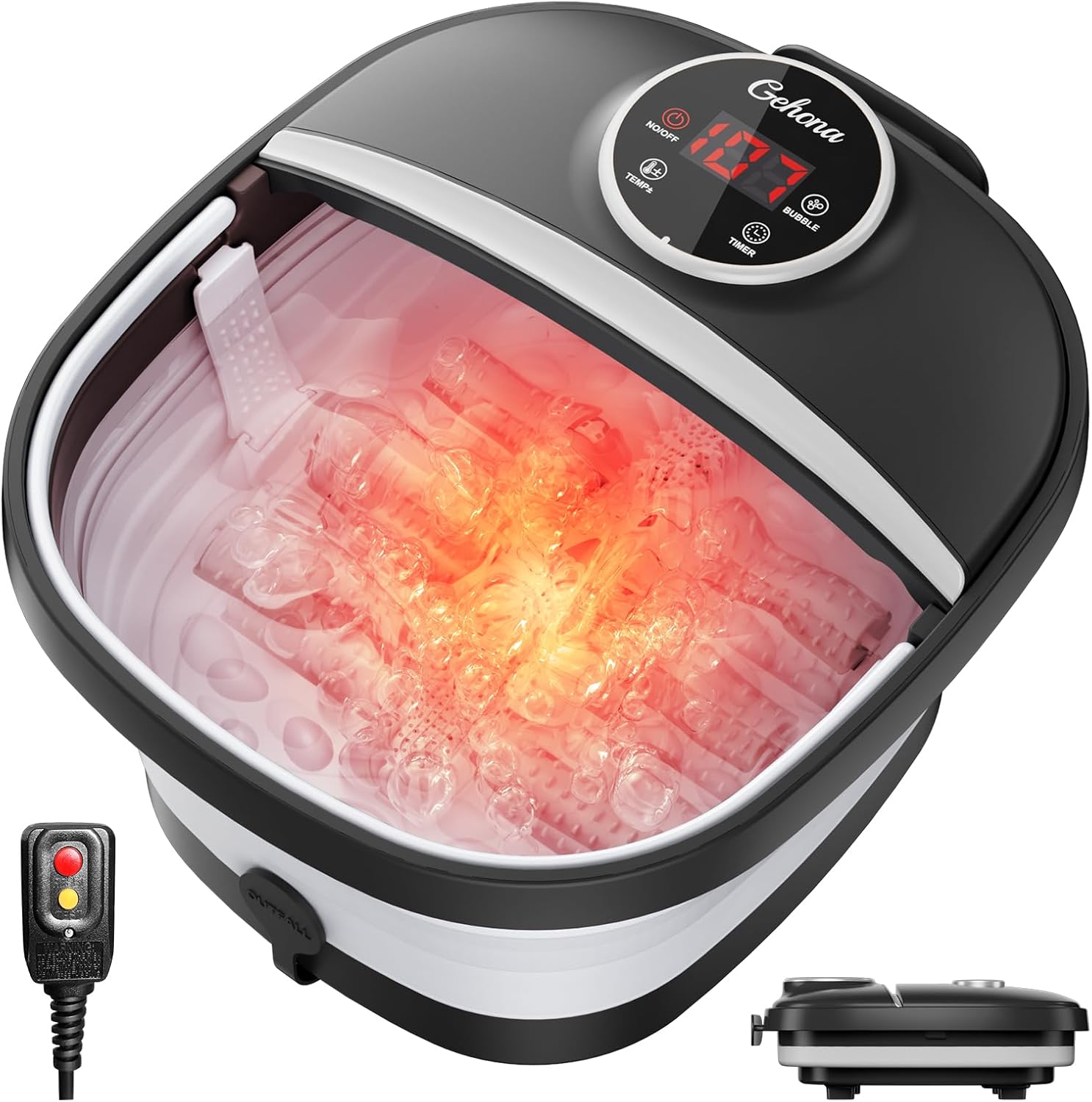 GEHONA collapsible foot spa bath massager front view showcasing the sleek black and white design