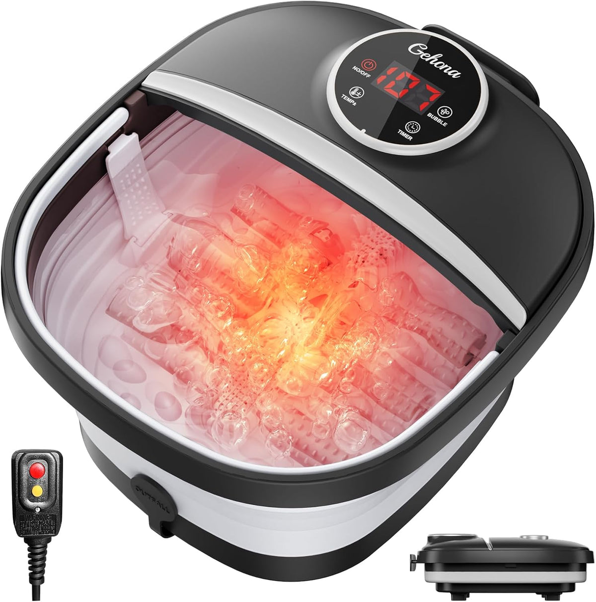 GEHONA collapsible foot spa bath massager front view showcasing the sleek black and white design