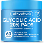 SilkyShark Glycolic Acid 20% Resurfacing Pads front view jar containing sixty chemical peel sheets.