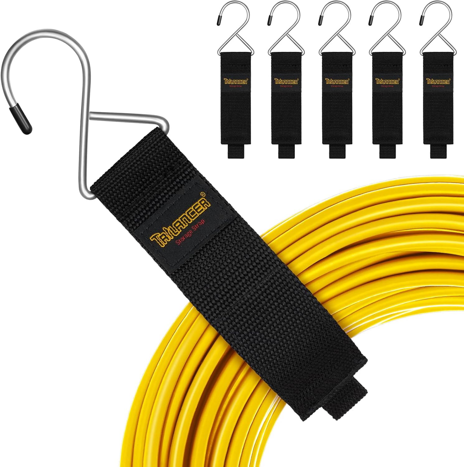 Trilancer extension cord organizer and hanger front view showing heavy duty hook and loop strap with metal S hook.