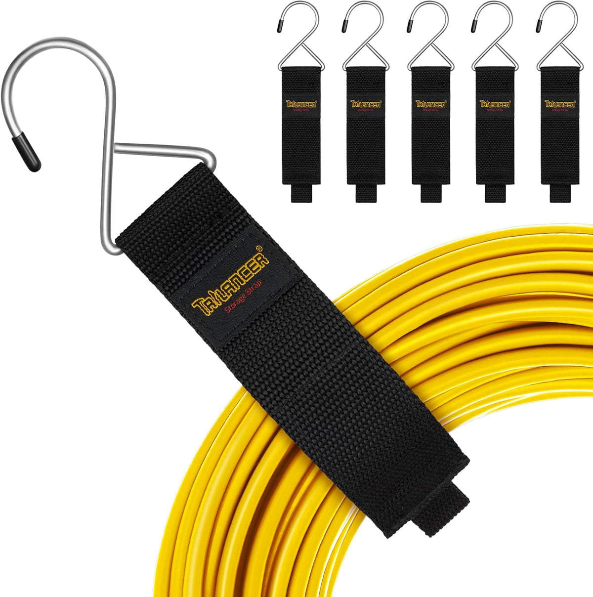 Trilancer extension cord organizer and hanger front view showing heavy duty hook and loop strap with metal S hook.