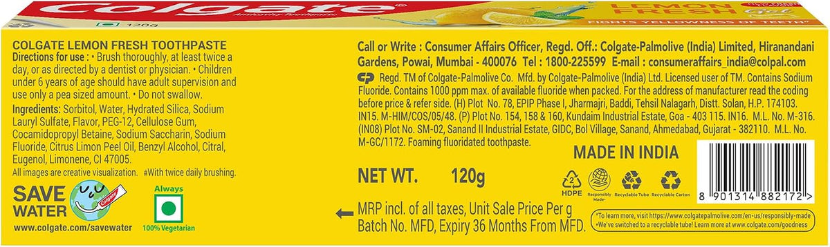 Colgate Lemon Fresh Gel Toothpaste 120 gram net weight display