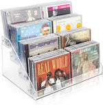 Vowcarol 4 Tier CD Storage Organizer front view showcasing clear acrylic cascading shelves with music jewel cases.