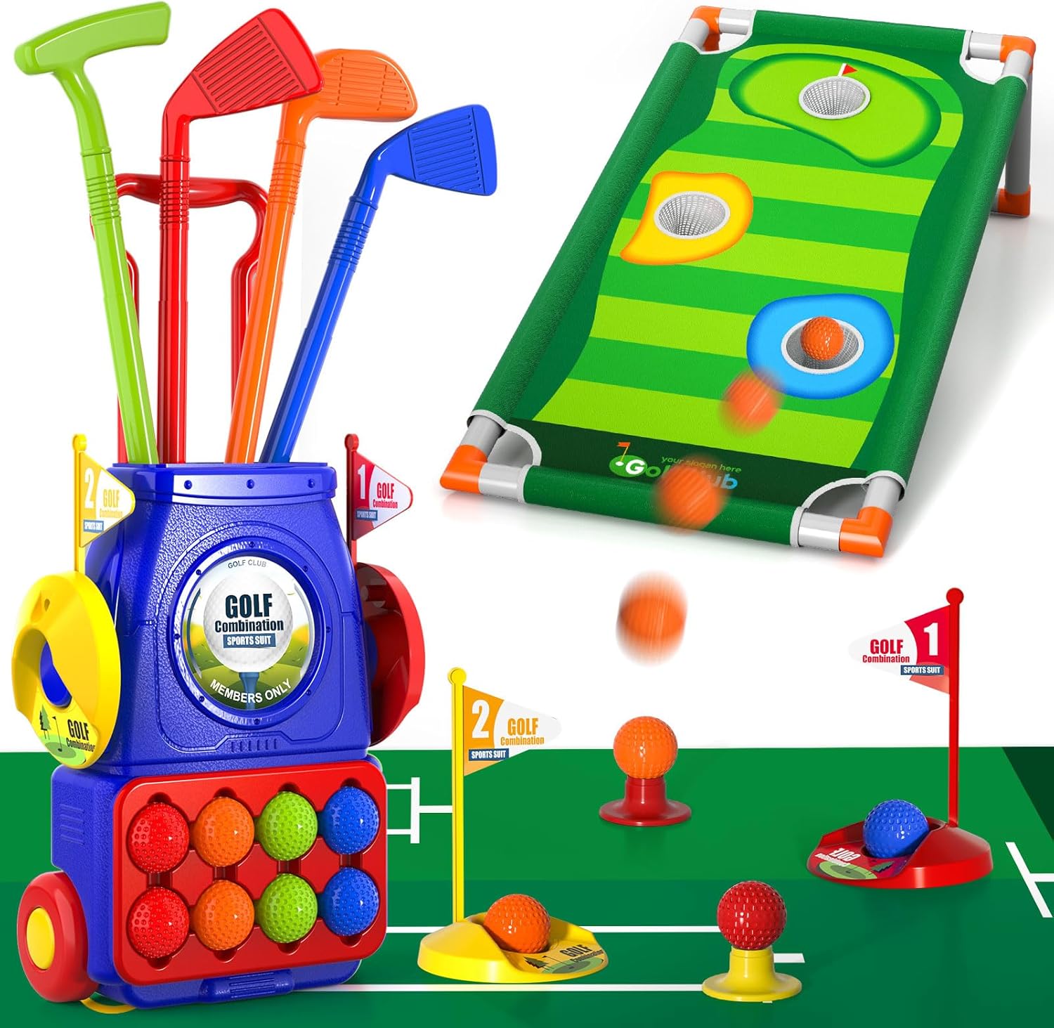 Bennol kids toddler golf set with rolling cart and colorful clubs front view