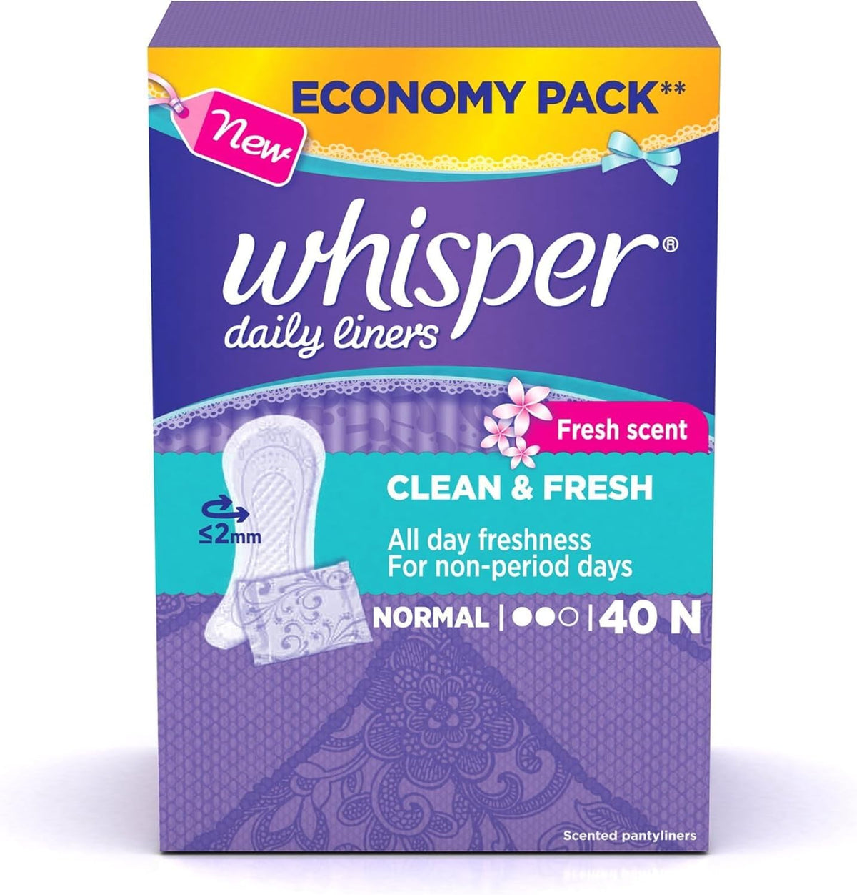 Whisper daily liners clean and fresh front view packaging