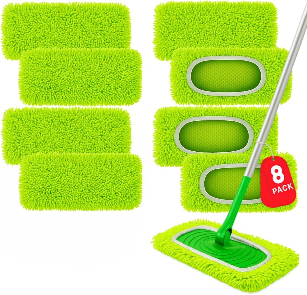 Oerbios 8 pack reusable chenille microfiber mop pads front view showing green textured loops.