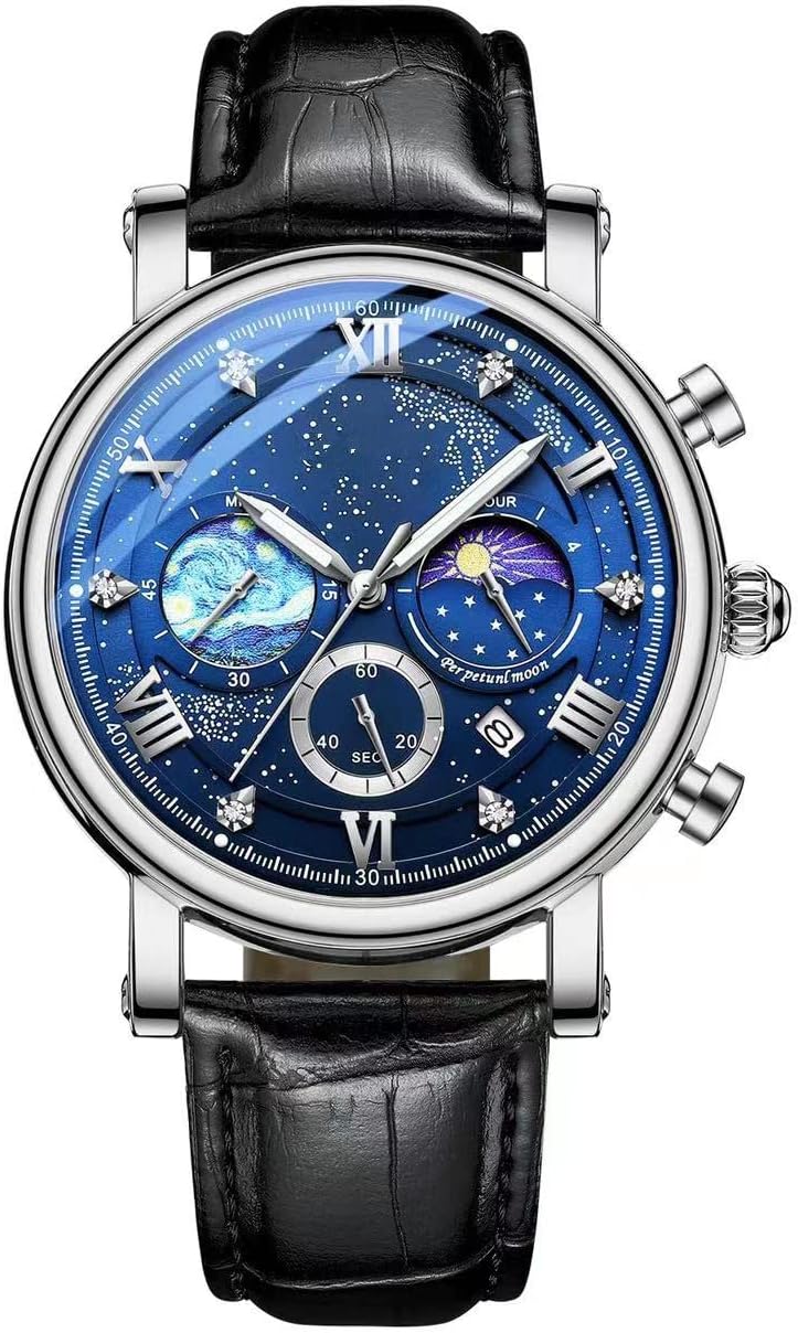 MINILUJIA Men's Classic Multifunctional Sports Analog Watch Business Dress Waterproof Luminous Chronograph Starry Sky Moon Phase Leather Wristwatch 30M Waterproof - Image 10