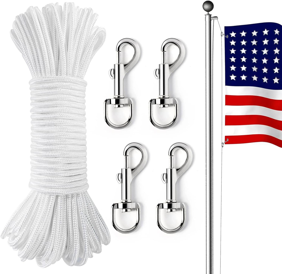 DKHDBD 100ft flag pole rope kit front view with snap hooks