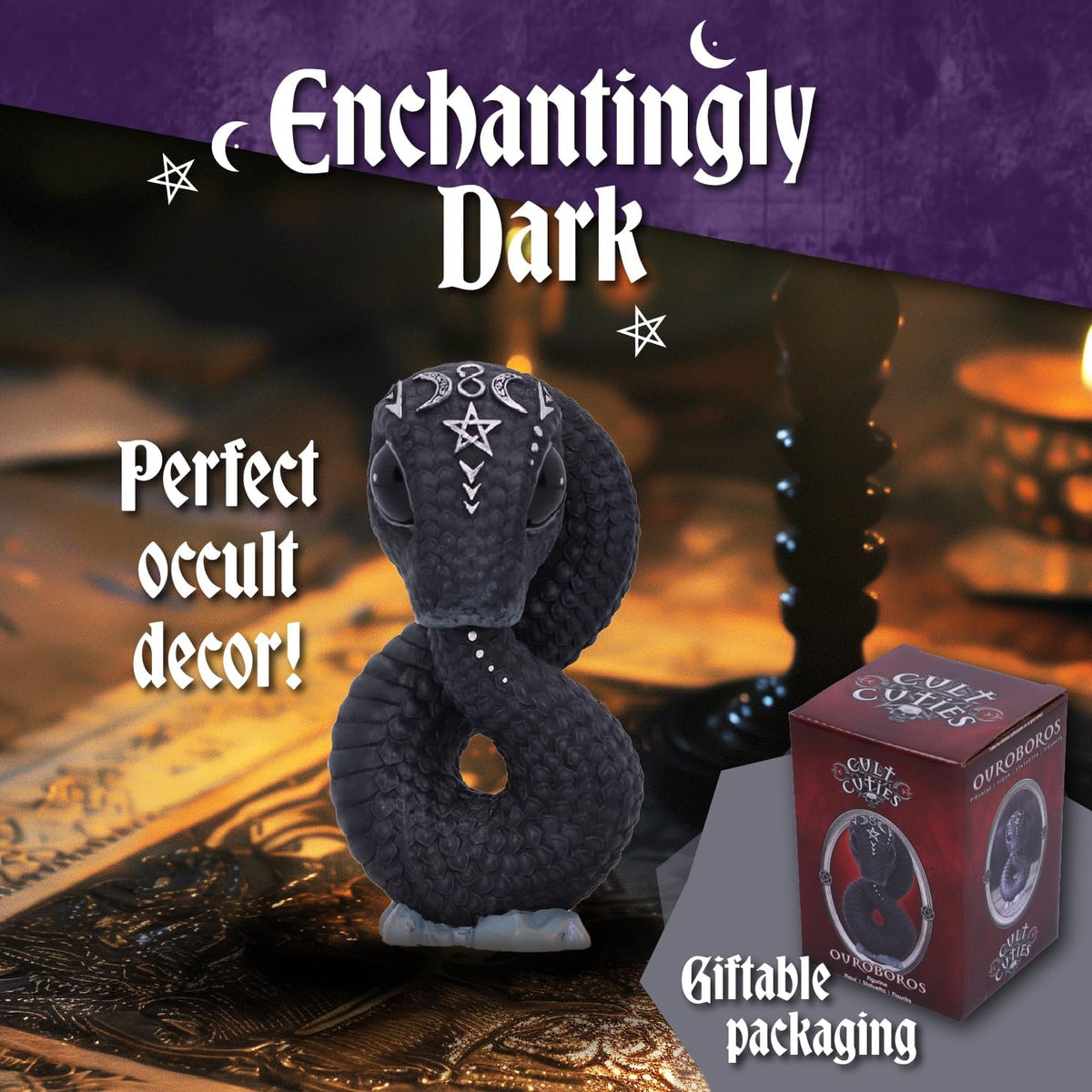 Gothic witchcraft altar display featuring Nemesis Now Ouroboros resin snake figurine