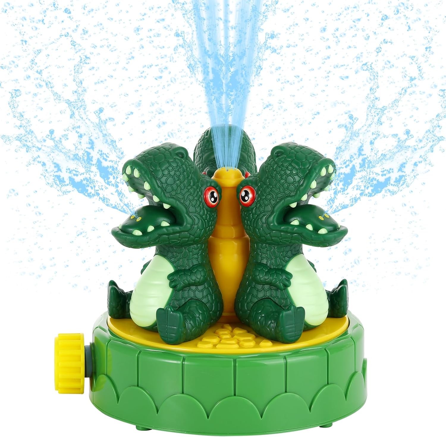 HeySplash Dinosaur Water Sprinkler Toy front view showing the rotating dragon nozzles for outdoor kids play.