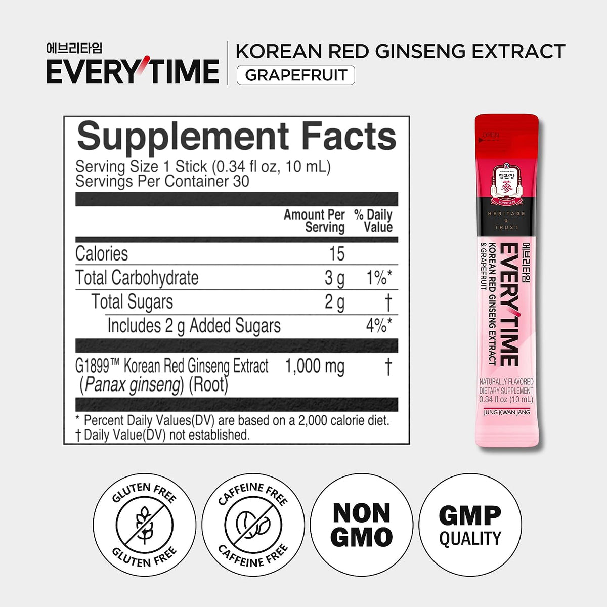 Side view of Jung Kwan Jang Everytime packaging showing caffeine free and non GMO labels