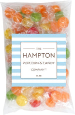 Close up of colorful assorted fruit hard candy discs in a bowl