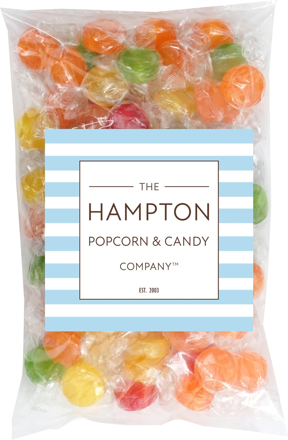 Close up of colorful assorted fruit hard candy discs in a bowl