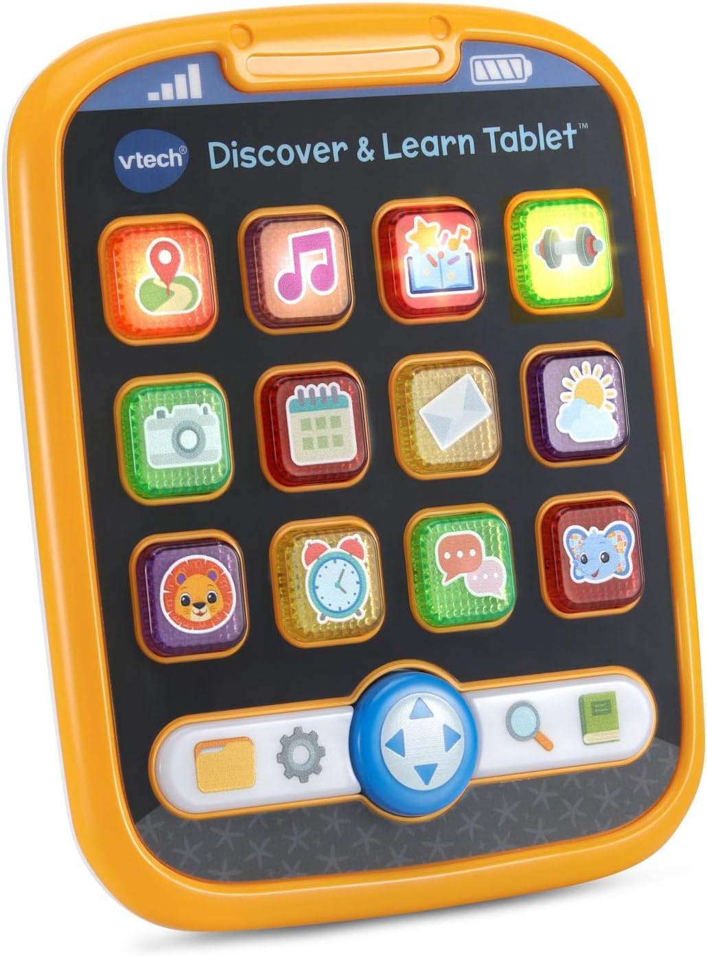 VTech toddler tablet showing light-up app buttons and screen