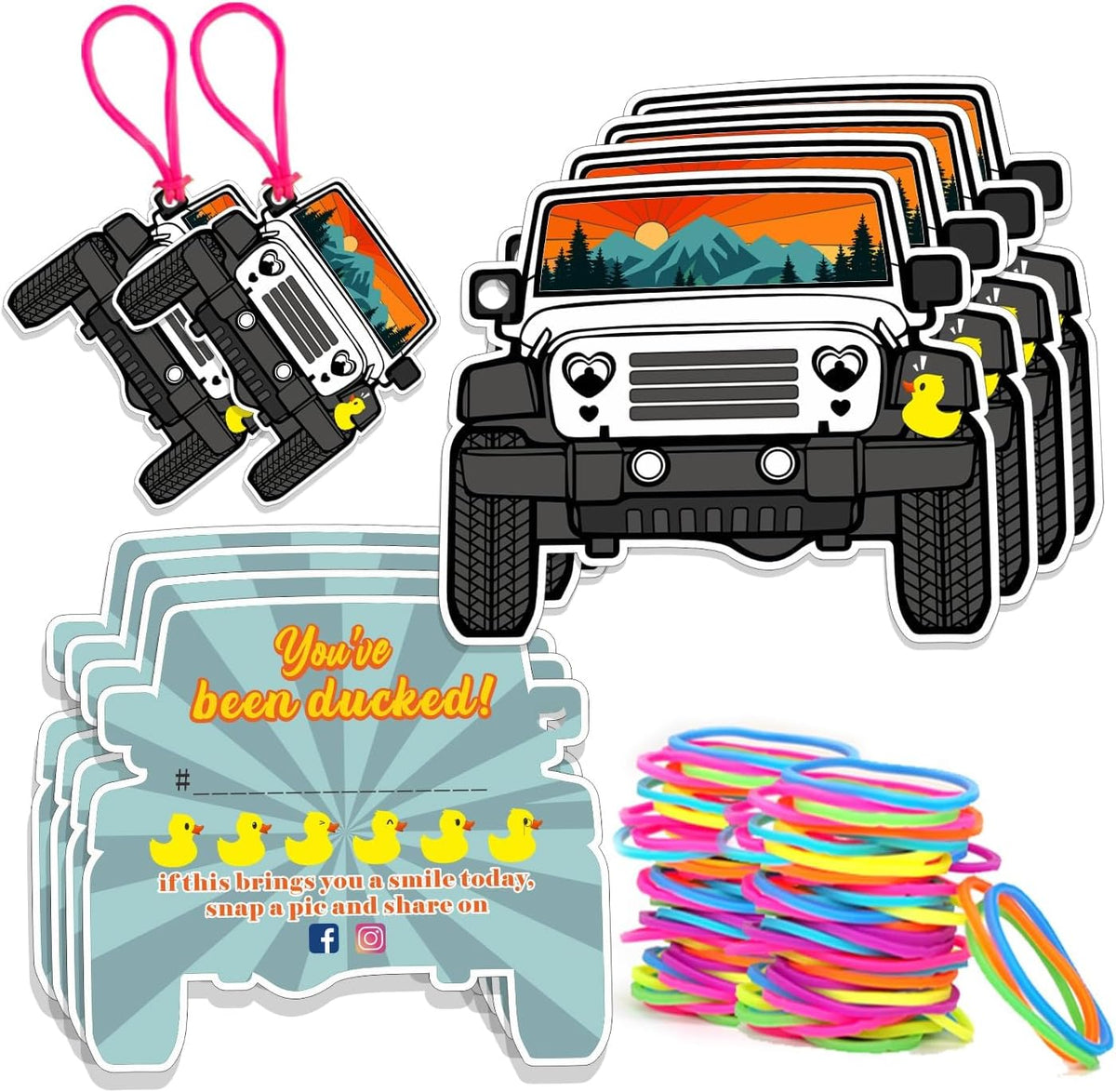 Full set of Felyc ducking game cards and accessories laid out