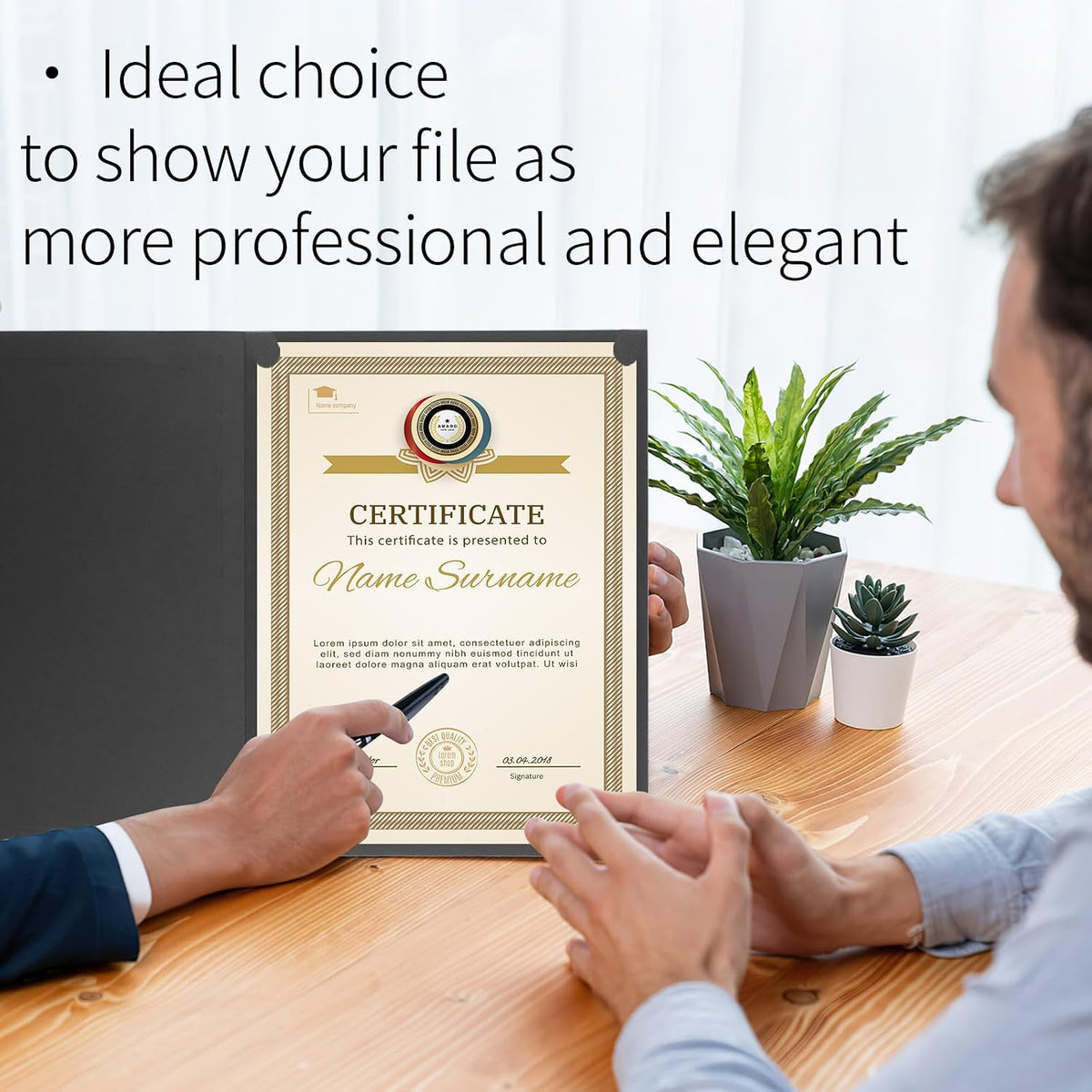 Coidea black cardstock certificate holder angled perspective