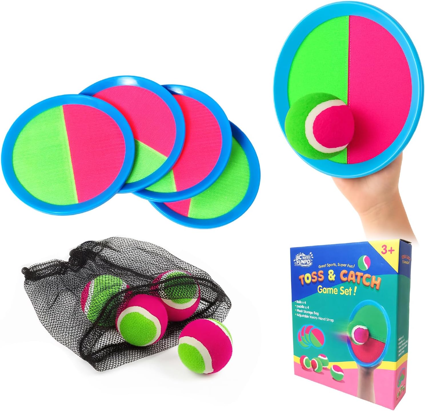 JIGQGY toss and catch ball set front view showing four colorful paddles and four sticky balls.