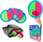 JIGQGY toss and catch ball set front view showing four colorful paddles and four sticky balls.