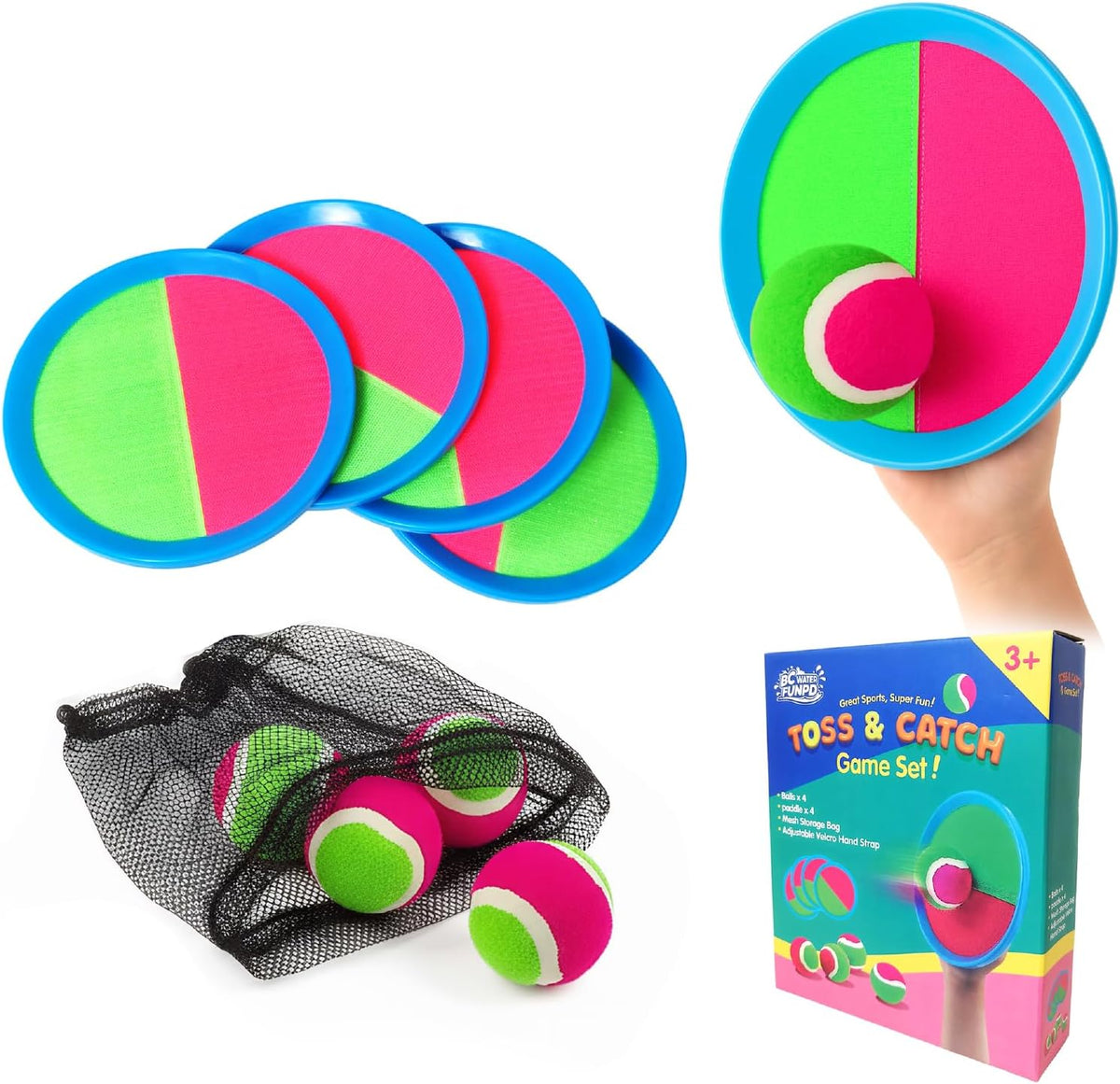 JIGQGY toss and catch ball set front view showing four colorful paddles and four sticky balls.